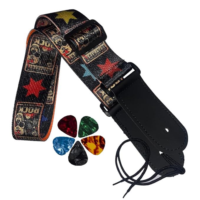 IMAGINEA Guitar Strap with PU Leather Ends | Modern & Comfortable Design Adjustable Guitar Strap Belt with 5 Picks (Rock)