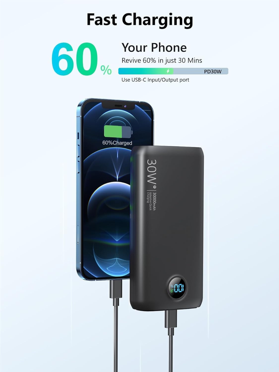 Diamuar Portable Charger Output Input Usb C Fast Charging Led Display Scp22.5W Pd 30W Qc4.0 Power Bank, Flashlight External Batt