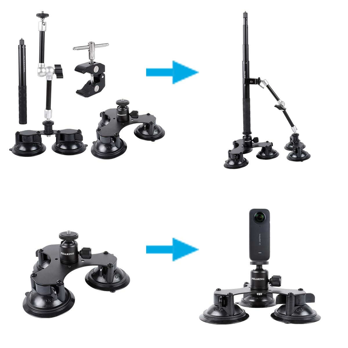 Pellking Suction Car Mount Kit For Insta360 X3, X2,Go 3, 4 In1 Suction Cups With 114Cm Selfie Stick Camera Triple Suction Mount Kit For Action Cameras,Compatible With Gopro 11,10,9,8,7(With Stick)