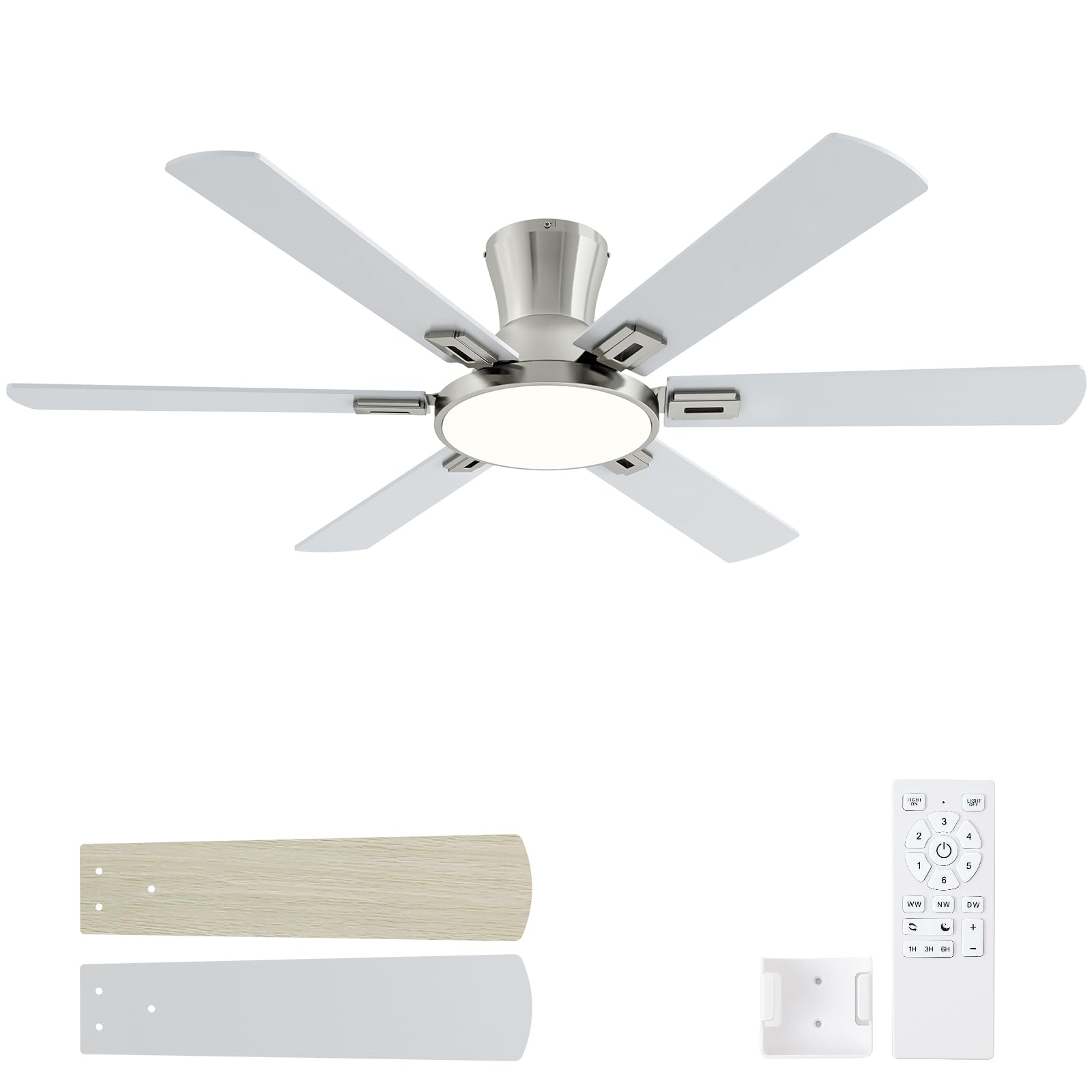 52 Inch Brushed Nickel Ceiling Fans with Lights and Remote,Flush Mount Low Profile 6 Blades Ceiling Fan with 10 Inch Lighting Fi