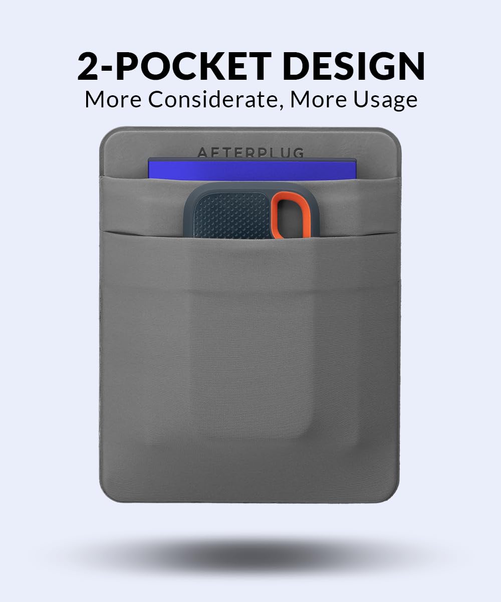 Afterplug 2 Pocket Adhesive Pouch For Laptop, Compatible With External 2.5' Hdd, Ssd, Magic Mouse, Usb Cable And More   Gray