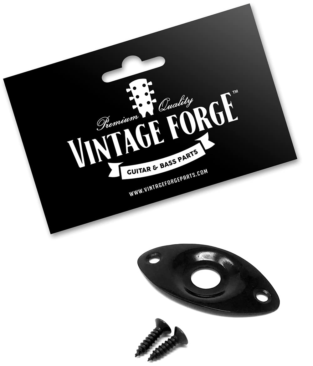 Vintage Forge Black Oval Jack Plate For Guitar And Bass With Screws Metal Indented Curved Football Shape Jpf20 Blk