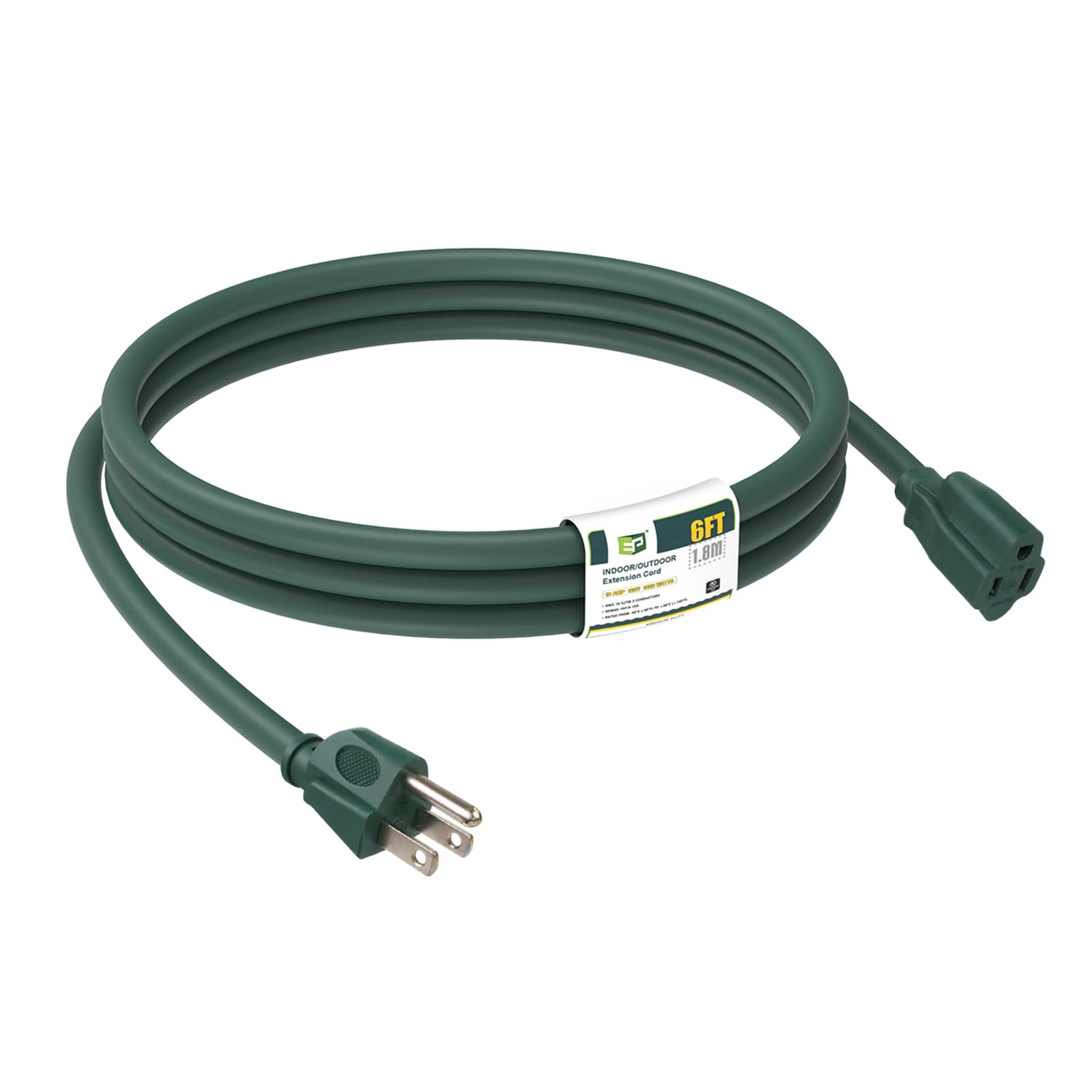 Ep 6Ft Green Outdoor Extension Cord, 16/3 Sjtw Heavy Duty Waterproof, 3 Prong Grounded Plug, 13A 1625W 16Awg, Cold Resistant Fle