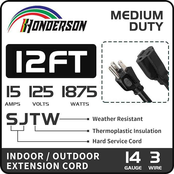 Honderson Indoor Outdoor Extension Cord Weatherproof, Ul Listed, 14 Gauge 12Ft Black 3 Prong Heavy Duty, 14/3 Sjtw 15A Power Cor