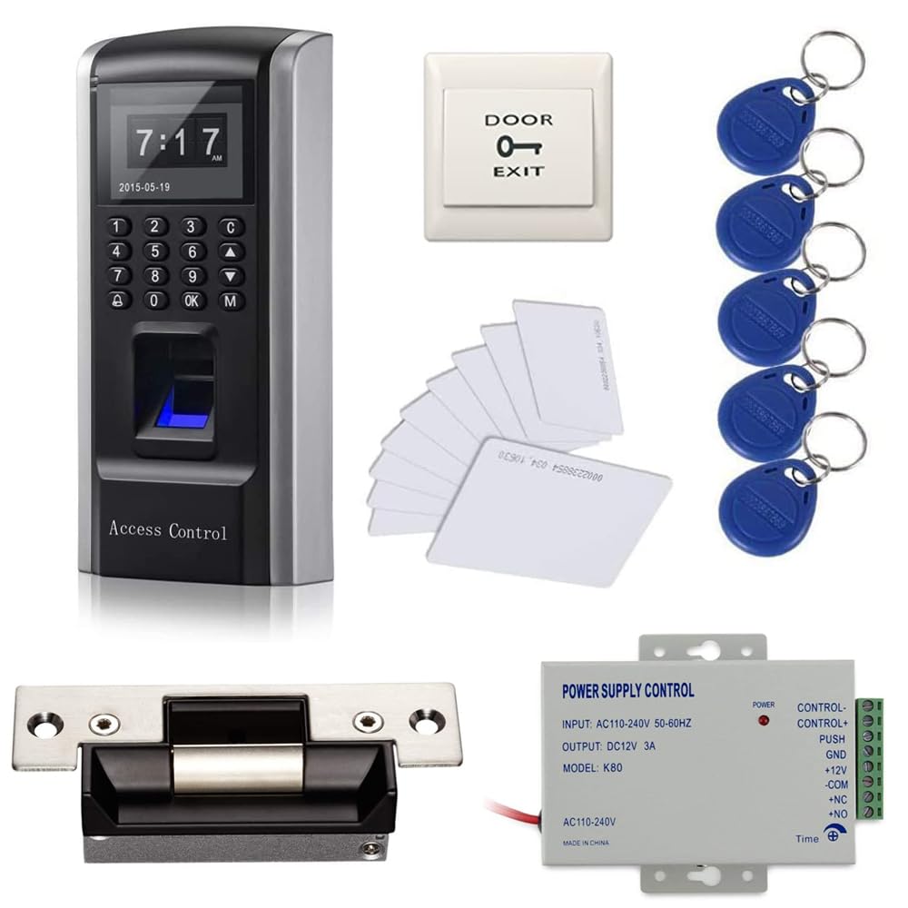 Mengqi Control Biometric Access Control System With Fingerprint Reader Strike Lock Exit Button 110V 240V Power Supply Box Frid Cards/Key Fobs For Fingerprint + Password +Id Card Biometric Access Entry