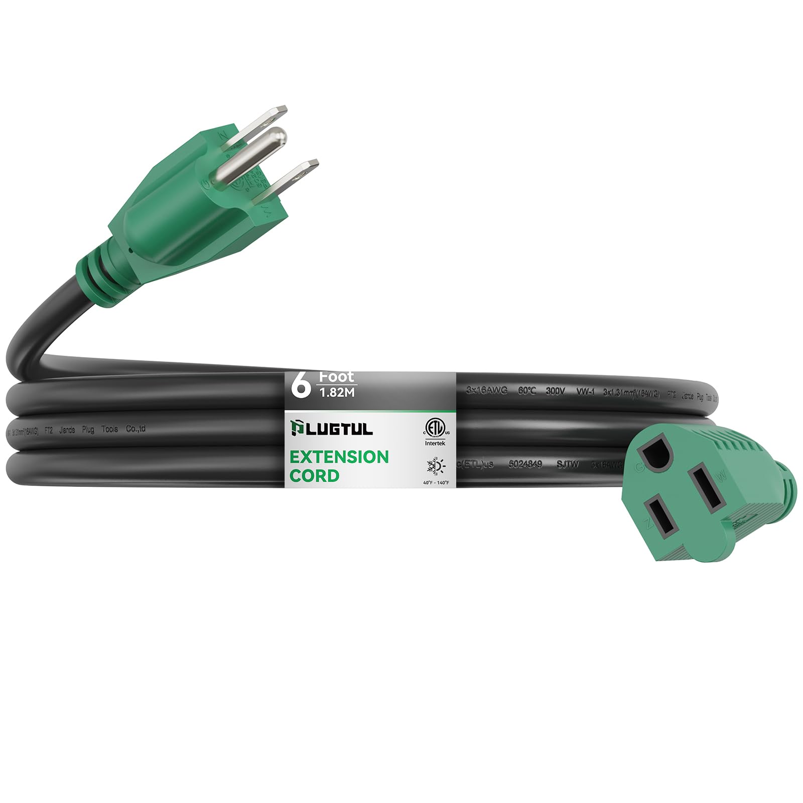 Plugtul 6 Ft Outdoor Extension Cord Waterproof 16/3 Black Heavy Duty 3 Prong Extension Cord, 13A 1625W Sjtw, Etl Listed, Great F