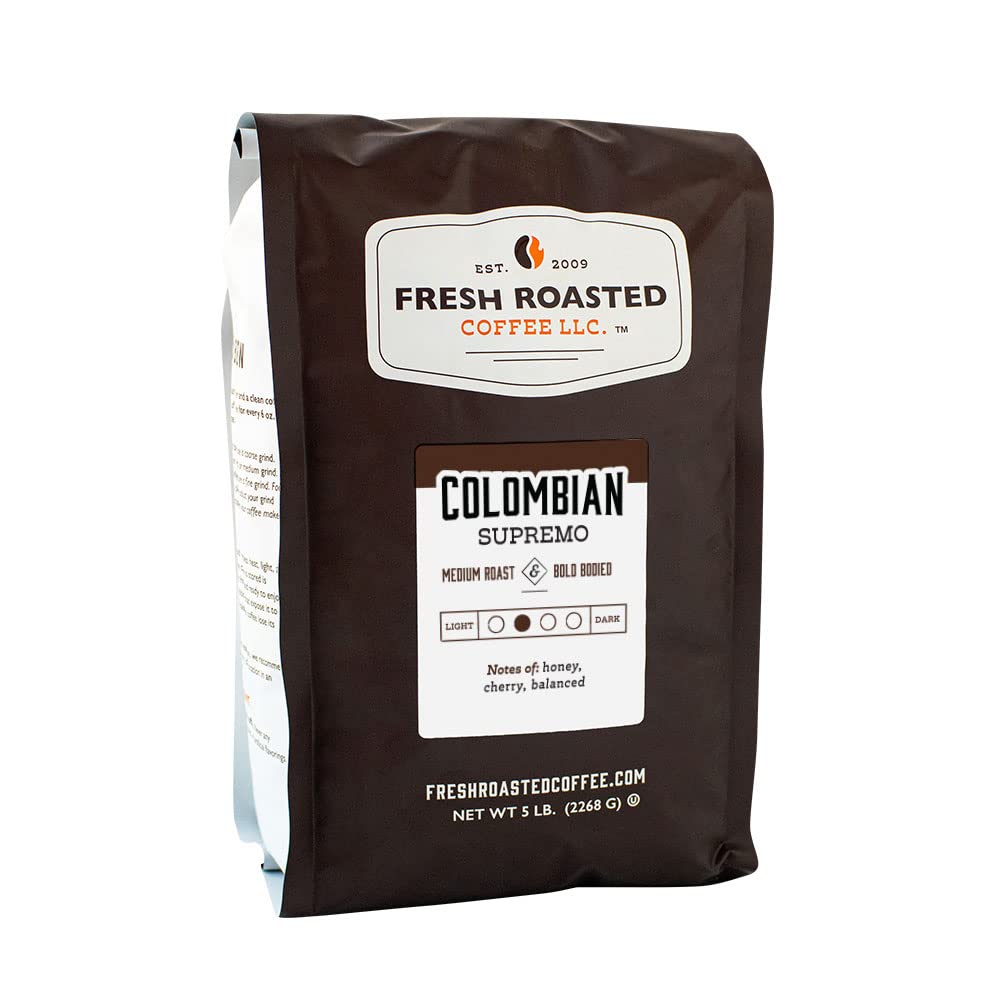 Fresh Roasted Coffee, Colombian Supremo, 5 Lb (80 Oz), Medium Roast, Kosher, Whole Bean
