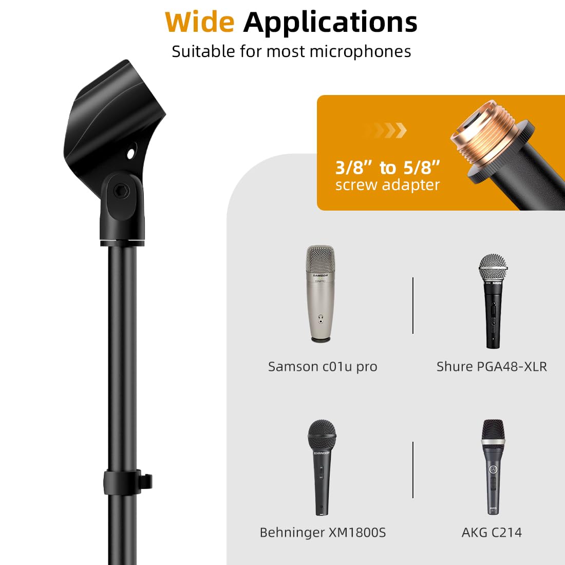 Futrue-Wolker Microphone Stand Mic Floor Stand, Adjustable Height From 39 To 66, 180 Rotatable Mic Clip Heavy Duty Round Base Bo