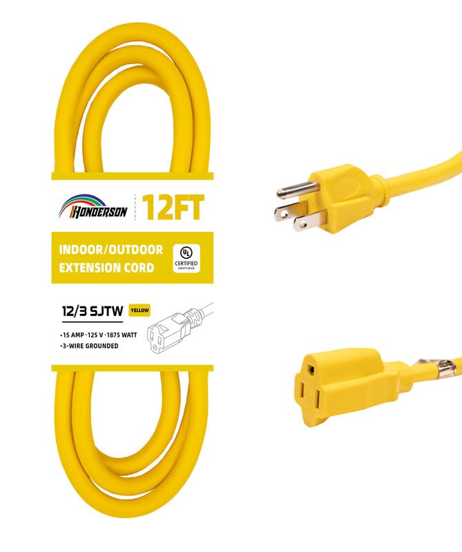 Honderson Indoor Outdoor Extension Cord Weatherproof, Ul Listed, 12 Gauge 12Ft Yellow 3 Prong Heavy Duty, 12/3 Sjtw 15A Power Co