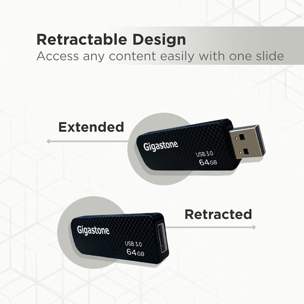 Gigastone Z30 64Gb Usb3.0 Flash Drive, Capless Retractable Design Pen Drive, Carbon Fiber Style, Reliable Performance & Durable