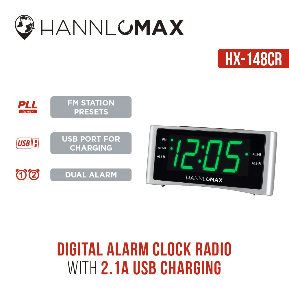 Hannlomax Hx 148Cr Alarm Clock Radio, Pll Fm Radio, Dual Alarm, 1.4'' Green Led Display, Usb Port For 2.1A Charging, Ac Power On