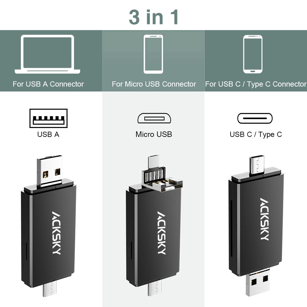 Sd Card Reader, Acksky 3 In 1 Micro Sd Card Reader Usb C Usb A Micro Usb, Memory Card Adapter Otg For Computer, Android, Laptop,