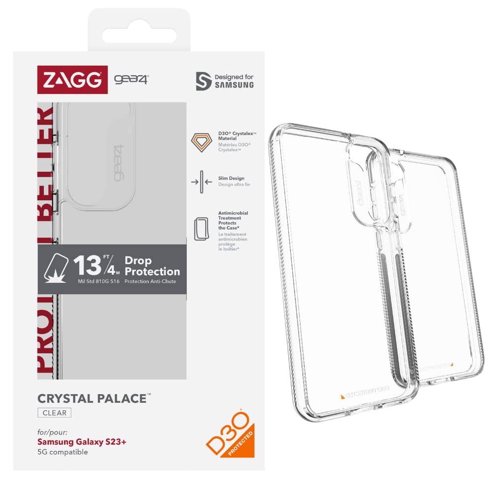 Zagg Gear4 Crystal Palace Phone Case, D30 Drop Protection (13Ft/4M), Sleek & Transparent Samsung Galaxy S23+ Case, Anti Fingerpr