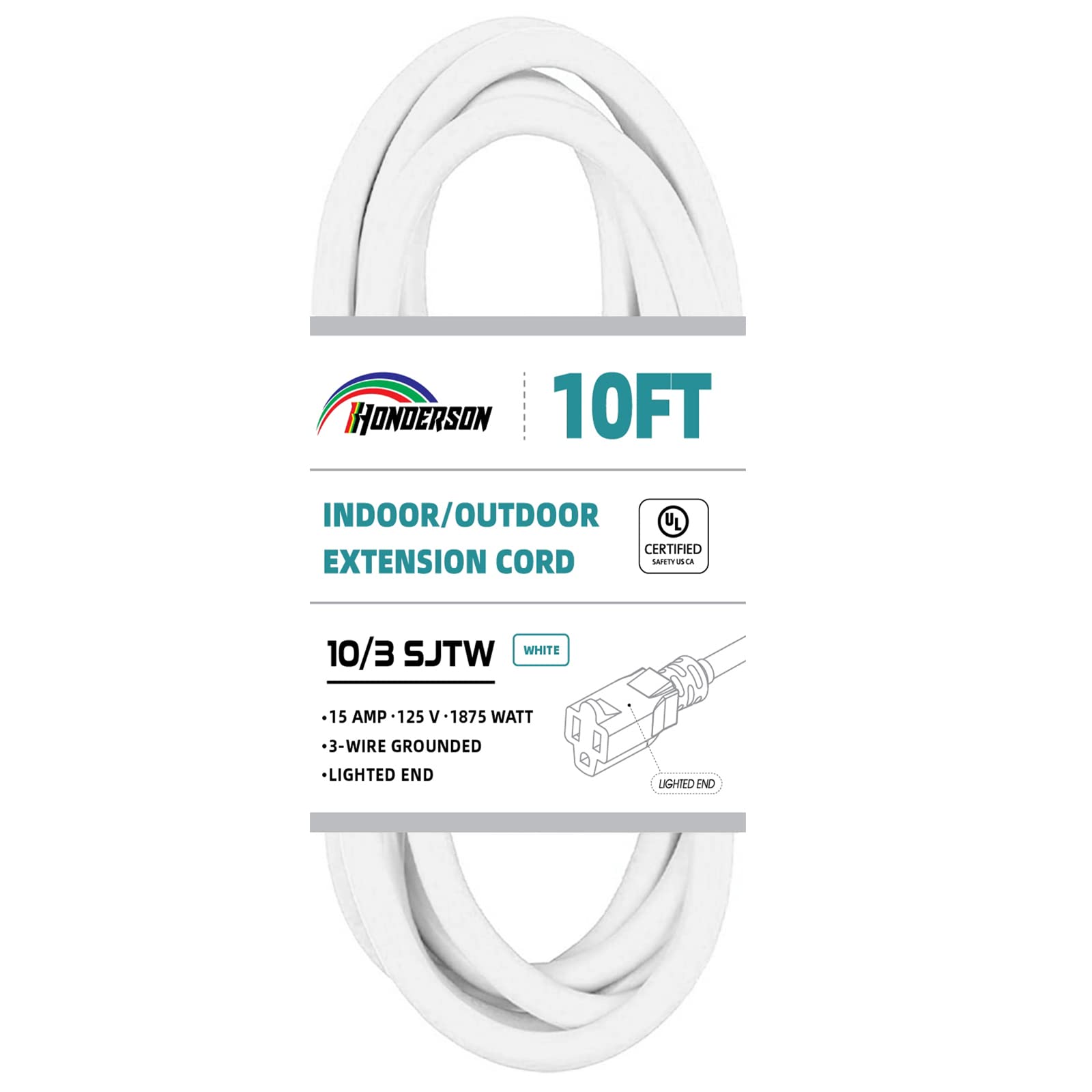Honderson Indoor Outdoor Extension Cord Weatherproof With Lighted End, Ul Listed, 10 Gauge 10Ft White 3 Prong Heavy Duty Extensi
