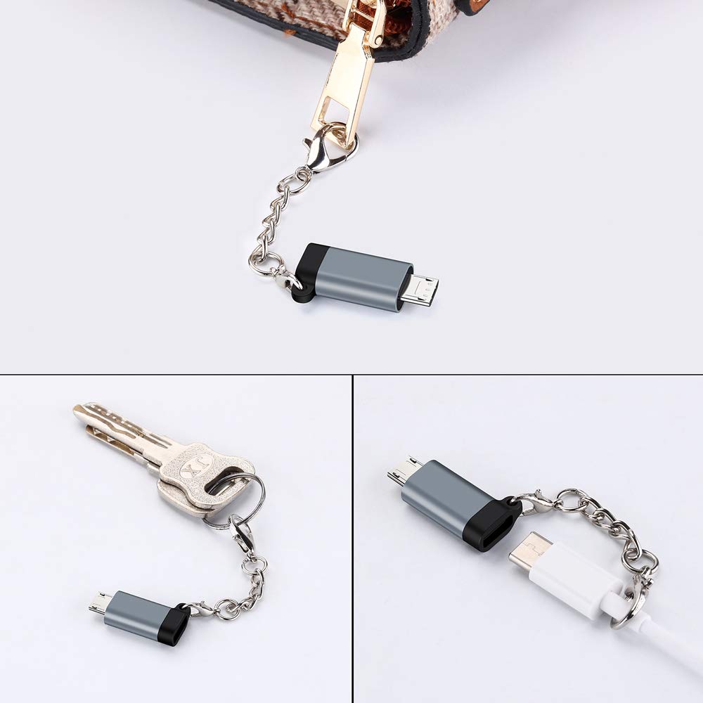 QianLink USB C to Micro USB Adapter 4-Pack Keychain Charge Data Sync Grey