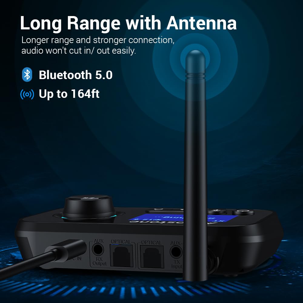 Ainostone Bluetooth Transmitter Receiver 3 In 1 Bluetooth 5.0 Audio Adapter For 2 Headphones With Bypass Volume Control On/Off S