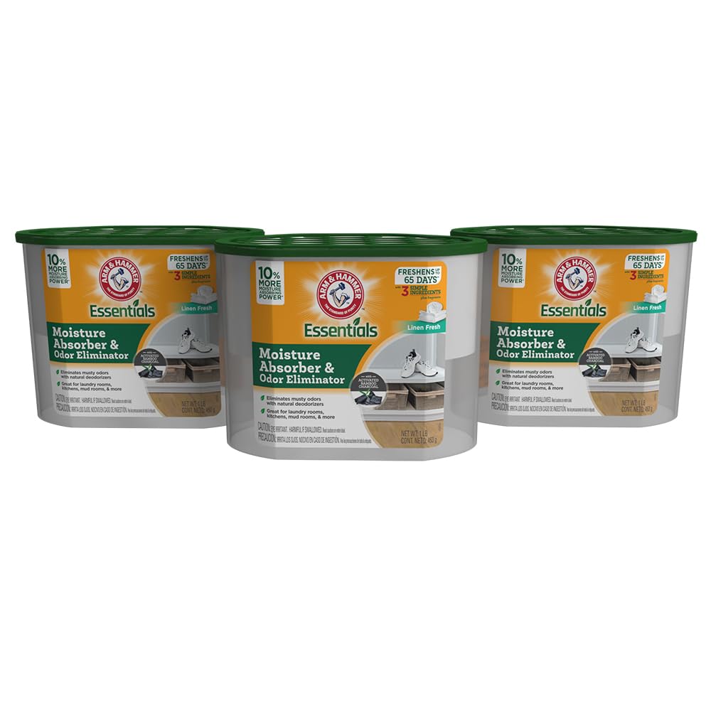 Arm & Hammer Essentials Disposable Moisture Absorber And Odor Eliminator Tub, Linen Fresh, 1 Lb., 3-Pack, Attracts And Traps Exc