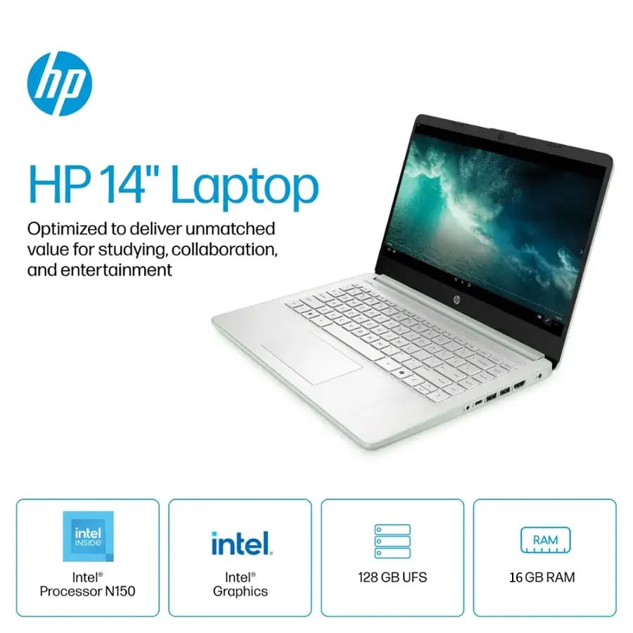 Hp 14 Laptop For Student Business, With Office Lifetime License & Windows 11 Pro, Intel 4-Core N150, 16 Gb Ram, 384 Gb Storage(1