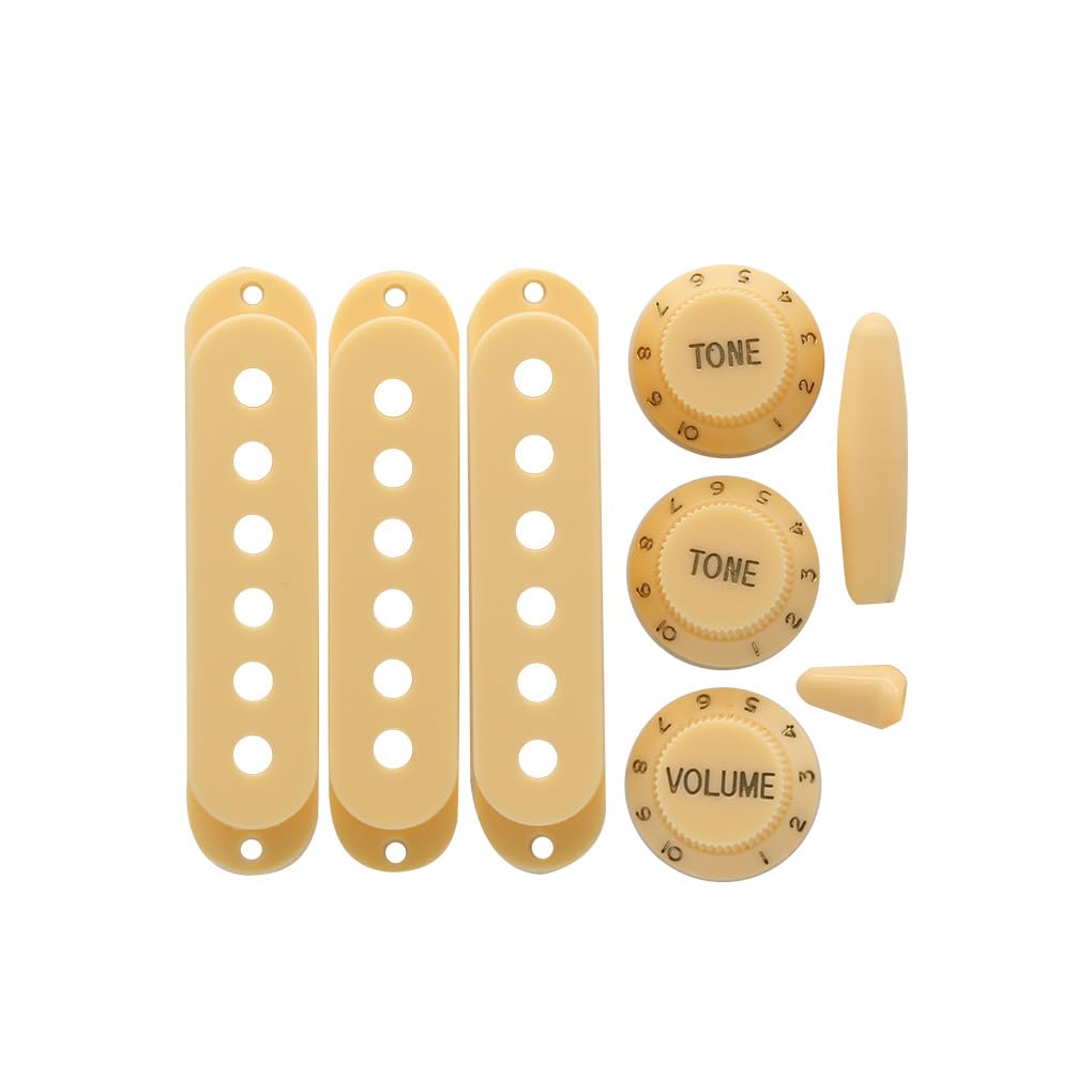 FLEOR Cream Plastic 52/52/52mm Single Coil Pickup Cover 2T1V Tone Volume Control Knobs Switch Tip Bar Tip Set