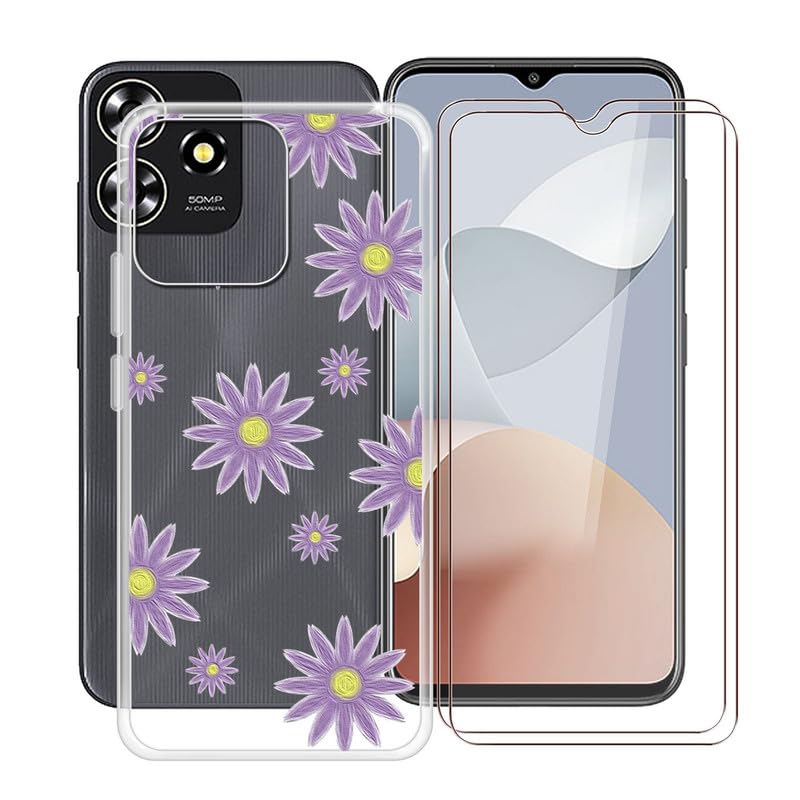 Yqinhhme Clear Case For Zte Axon 50 Lite (6.6'') With 2 X Tempered Glass Protective Film, Slim Shockproof Soft Silicone Cover, 3