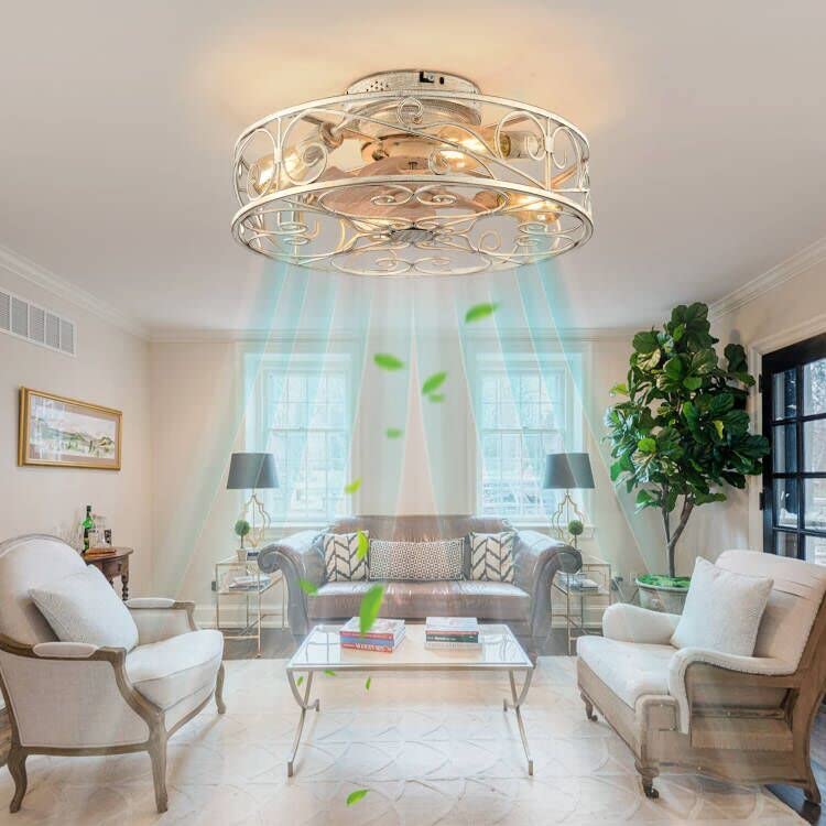 Xudom 20'' Caged Ceiling Fans With Lights And Remote, Bladeless Ceiling Fan 6 Speed Reversible With 4 Bulbs And Remote Control,F