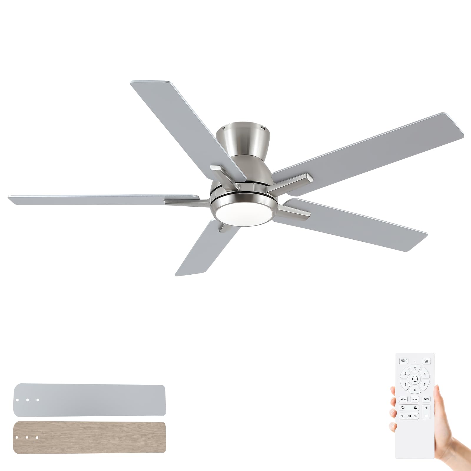 52 Inch Ceiling Fans With Lights,Brushed Nickel Low Profile Ceiling Fan With Light And Remote Control,Flush Mount,6 Speed Revers