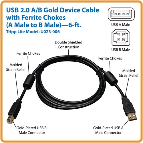 Tripp Lite Usb 2.0 Hi-Speed A/B Cable With Ferrite Chokes (M/M) 6-Ft. (U023-006), Black