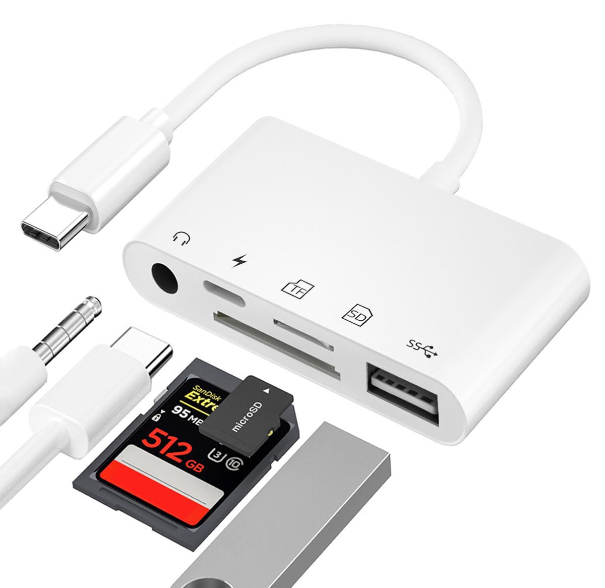 Sd Card Reader 5 In 1 Compatible Withiphone 15 Pro Max/Macbook, Usb C To Usb Otg Adapter, 3.5Mm Headphone Jack, Sd Tf Memory Cam