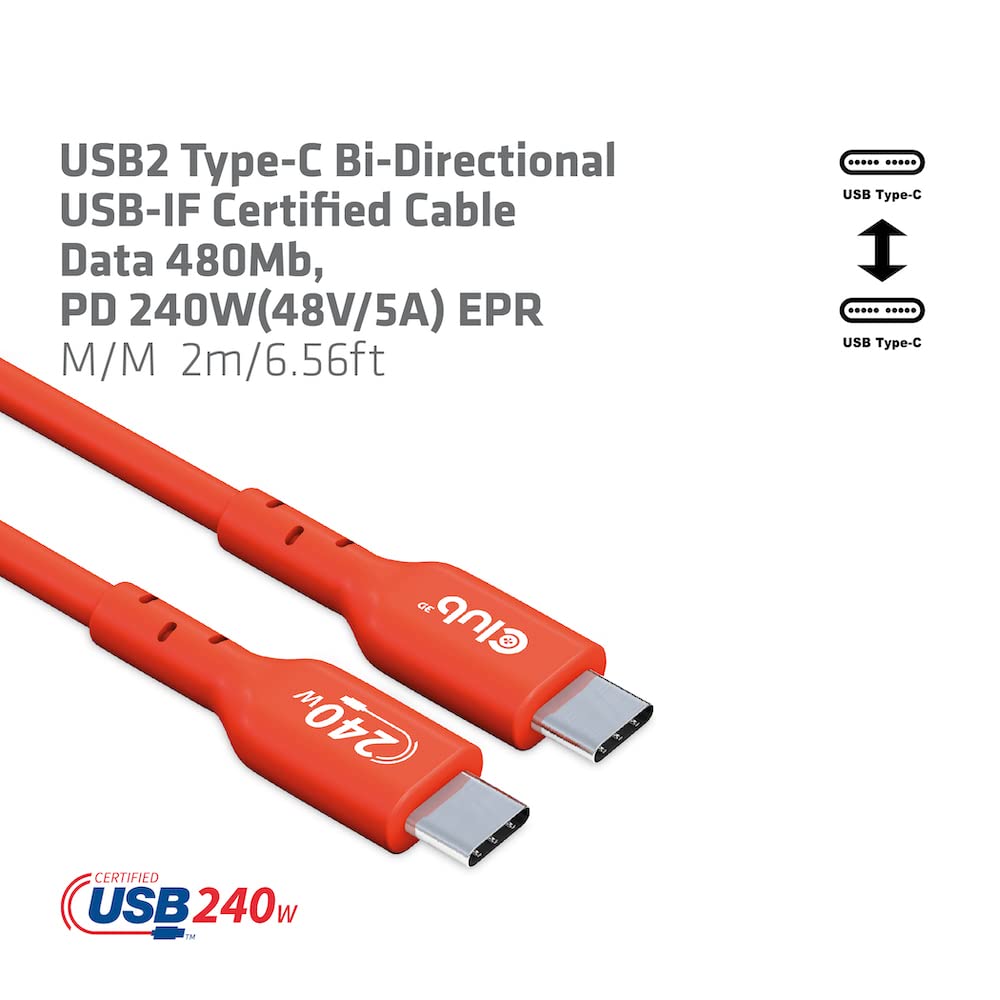 Club 3D Cac-1573 Usb2 Type C To Type C Certified Bi-Directional Cable With 240W Charging, 480Mb Data Transmission Epr 2M - 6.56F