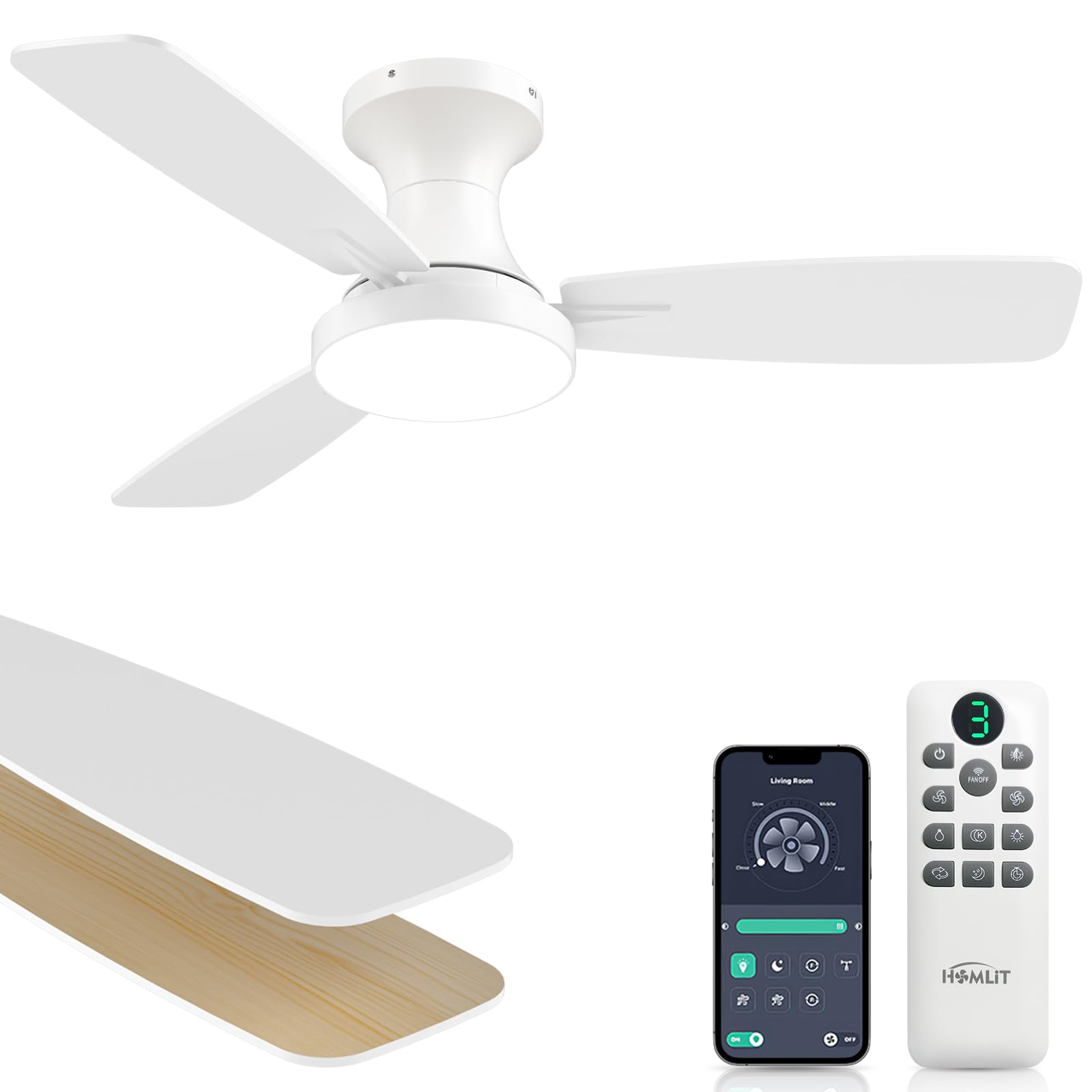 Homlit 42 inch Smart Ceiling Fan with Light, Low Profile Flush Mount with Remote Control, Ultra-Quiet Reversible DC Motor, 3 Col