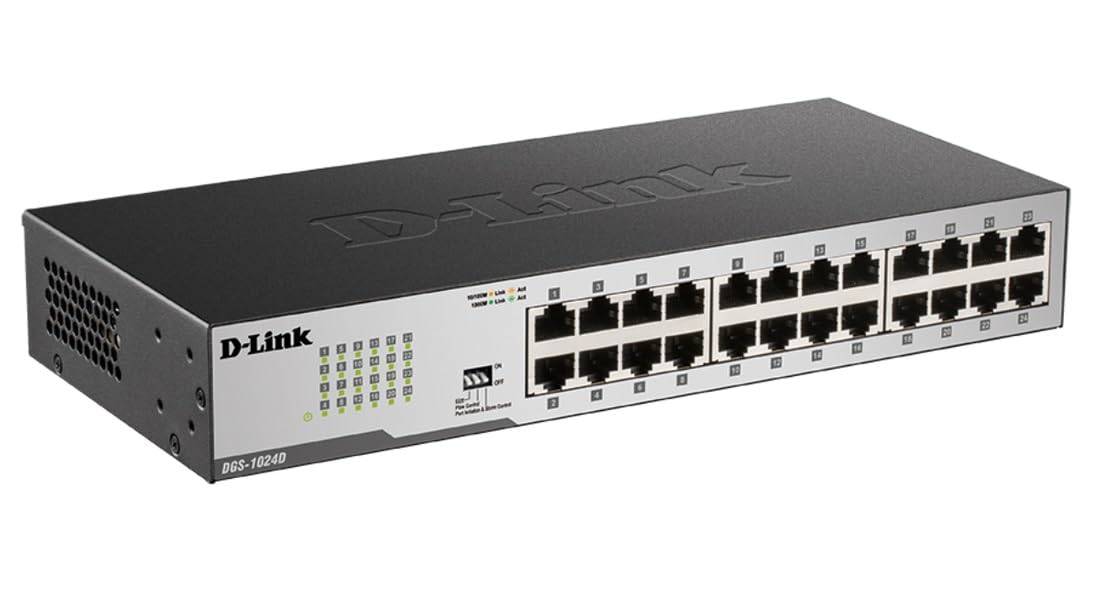 D Link Ethernet Switch, 24 Port Gigabit Unmanaged Fanless Network Hub Desktop Or Rack Mountable (Dgs 1024D), Black