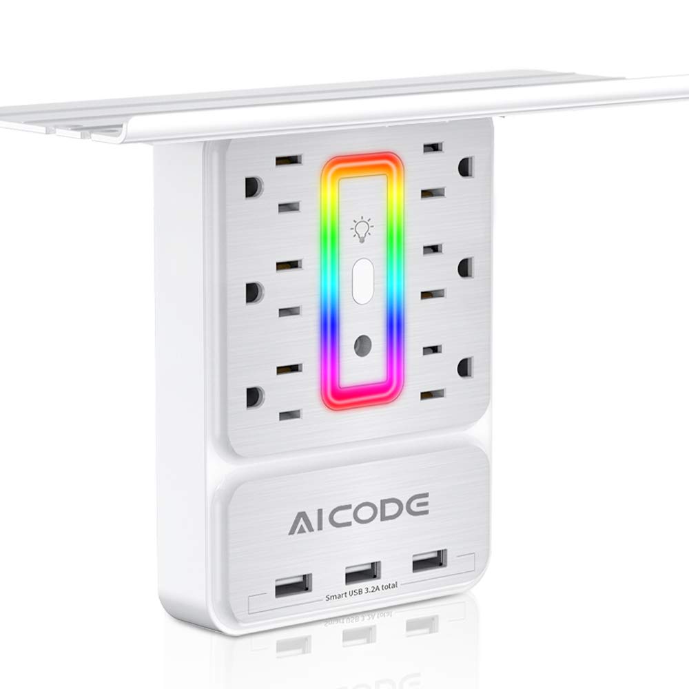 Aicode Socket Outlet Shelf,Wall Outlet,6 Electrical Outlet Splitter With 3 Usb Power Outlet,Surge Outlet Protector Multi Plug Outlet,Charging Shelf,Outlet Expander With 6 Rgb Light For Home