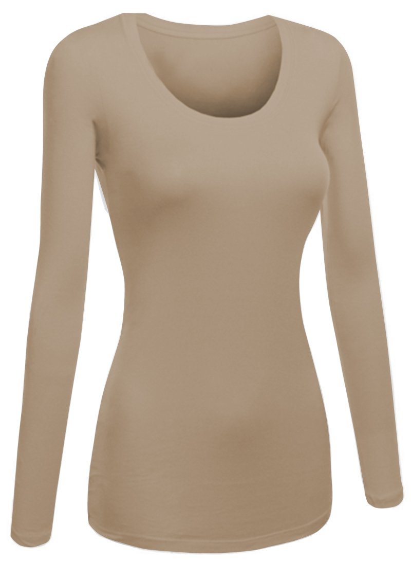 Emmalise Womens Junior And Plus Size Basic Scoop Neck Tshirt Long Sleeve Tee, Medium, Taupe