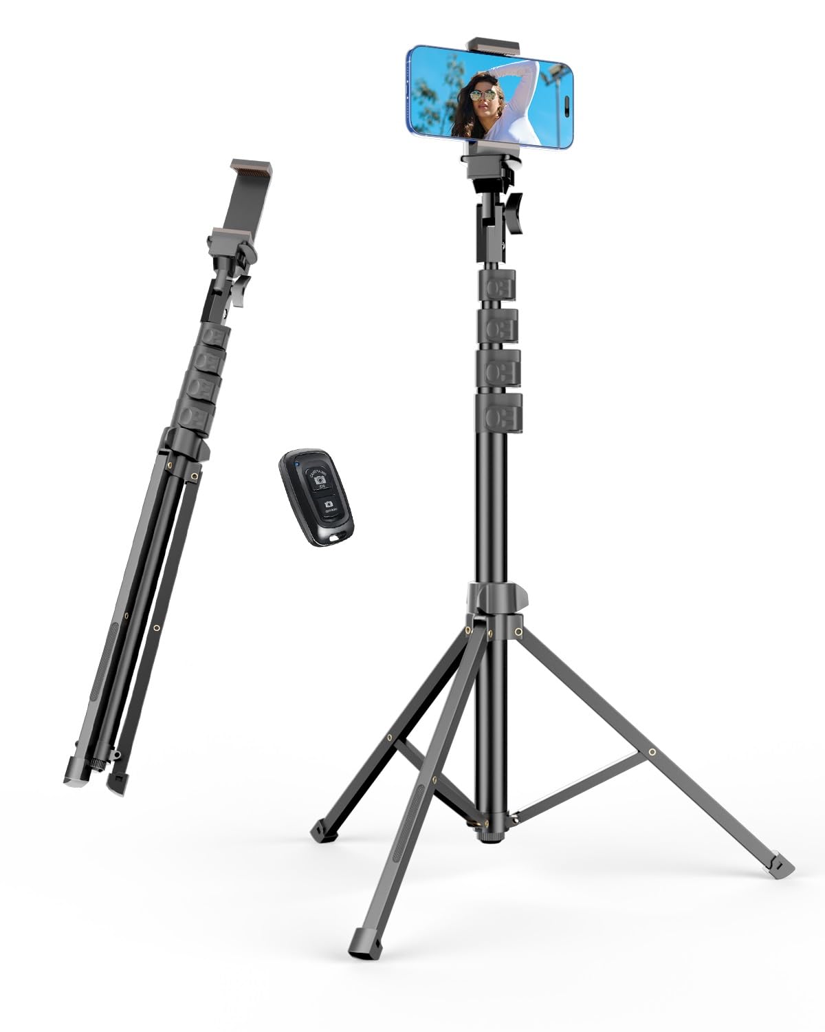 EMART 62 Cell Phone Tripod Stand, Adjustable Floor Cellphone Tri Pod Holder with Remote for iPhone and Android, Portable Compact