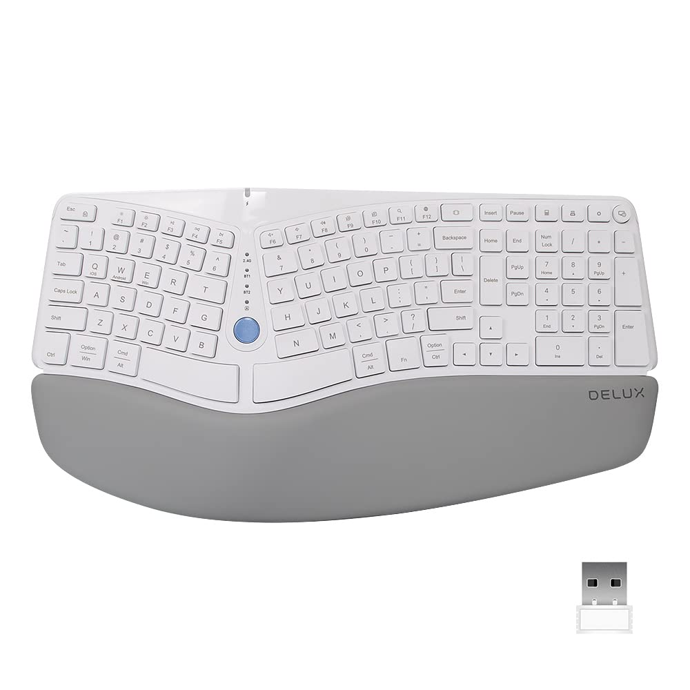 Delux Wireless Ergonomic Split Keyboard With Cushioned Palm Rest Against Carpal Tunnel, [Standard Ergo] Keyboard Series, Multi D