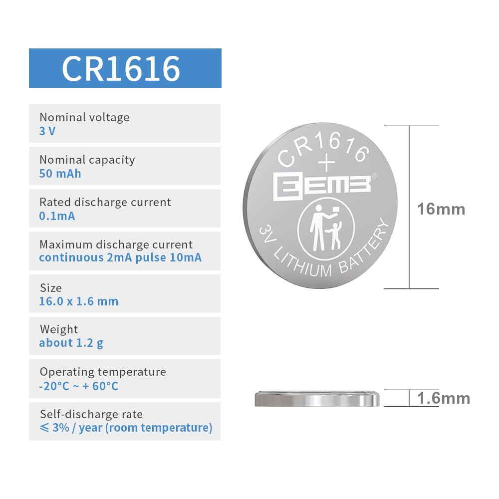 Eemb 10-Pack Cr1616 Battery Cr1616 3V Lithium Battery Button Coin Cell 1616 Batteries Dl1616 Ecr1616 For Remote Control, Watch,