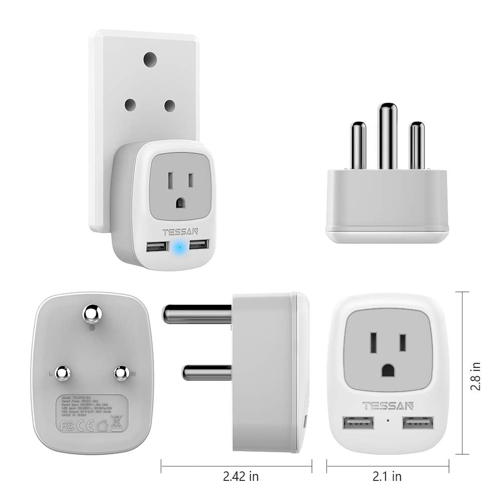 Tessan South Africa Power Adapter, Grounded Travel Plug Adaptor With 2 Usb &1 American Outlet Charger For Type M Country Such As