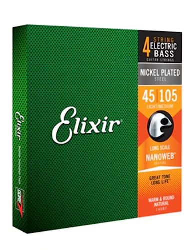 Elixir Strings Nickel Plated Steel 4 String Bass Strings W Nanoweb Coating, Extra Long Scale, Light/Medium (.045 .105)
