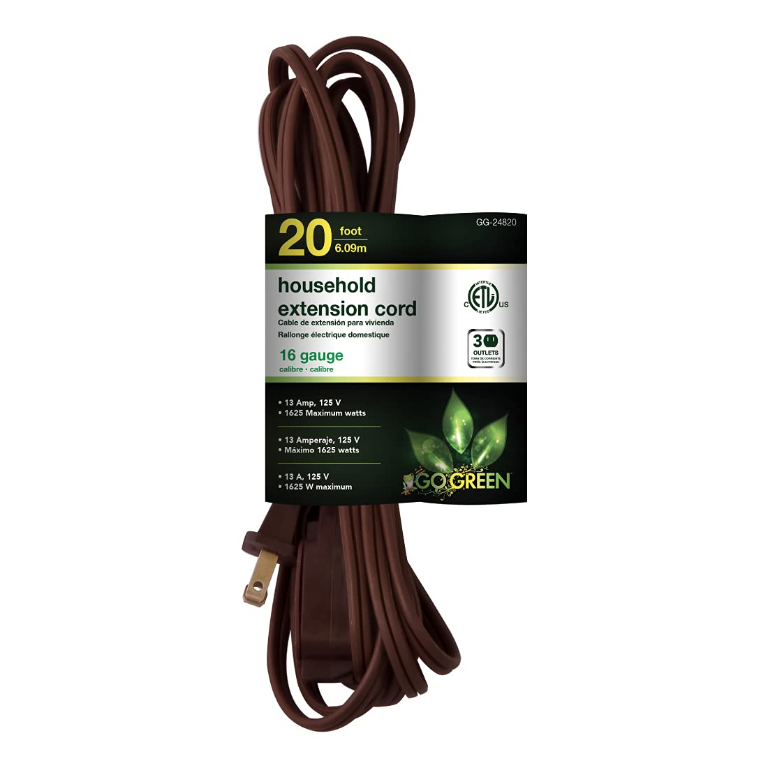 Go Green Power Inc. 20Ft Household Extension Cord, Brown, 3 Outlets   Indoor Use Only, Kink Free, Child Safe Covers, Ideal For Everyday Electronics