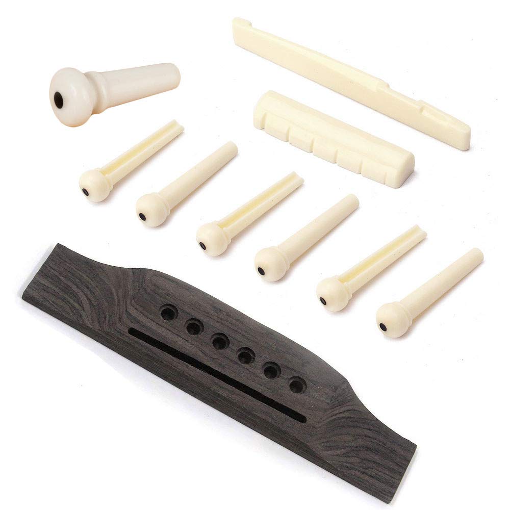 Jiayouy 6 String Acoustic Guitar Rosewood Bridge Saddle Nut Pins Set Including Bridge & Six Bridge Pins & End Pin & Saddle And N