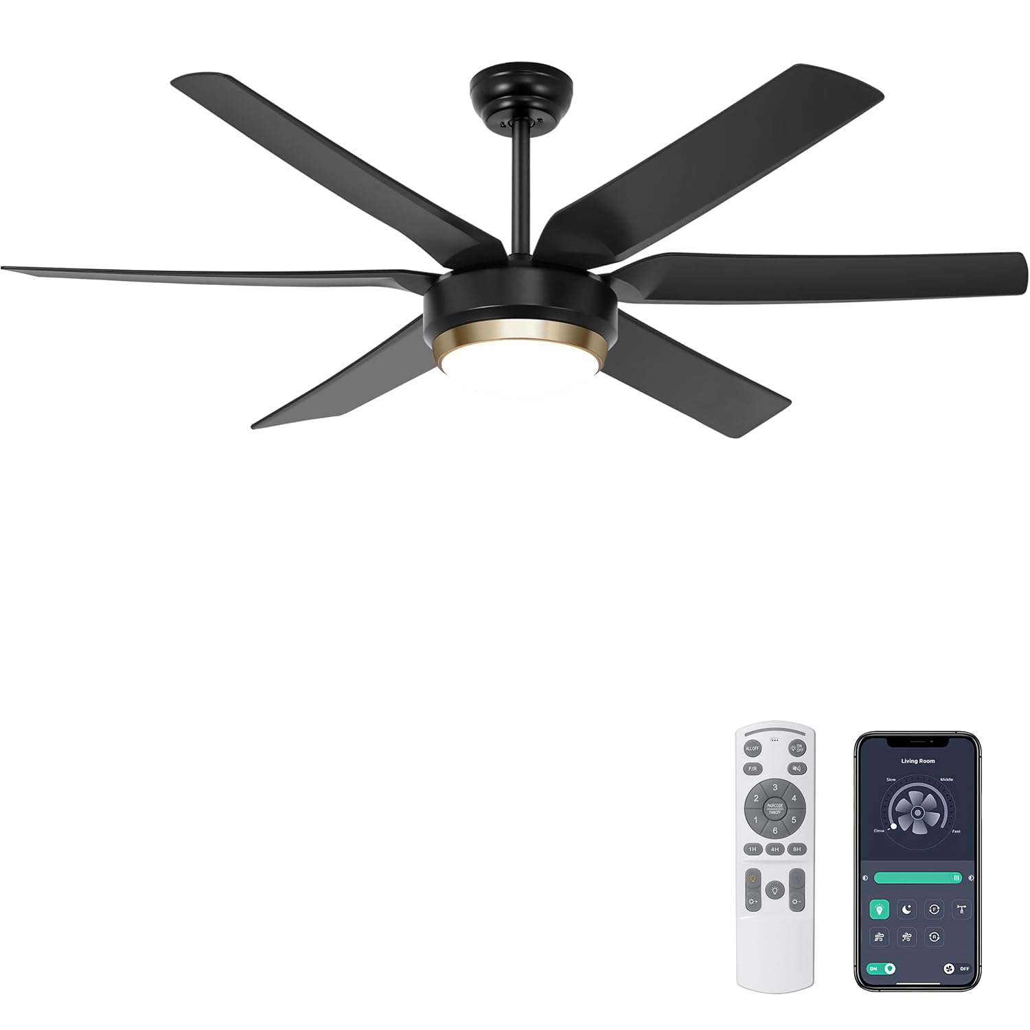 Ohniyou Ceiling Fans with Lights, 56 Black Ceiling Fan Remote/APP Control, Dimmable, Quiet DC Motor Indoor/Outdoor Ceiling Fan