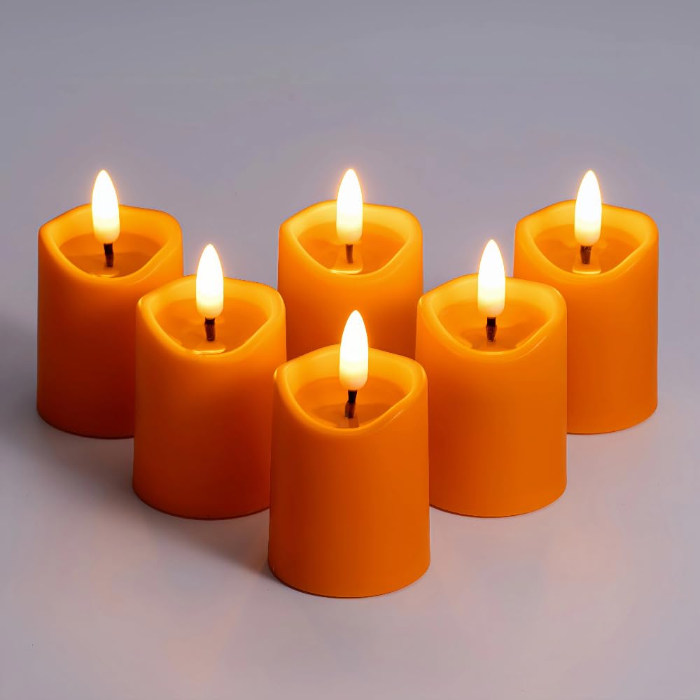 Simplelight Orange Halloween Flameless Votive Candles with Timer, Realistic Black Wick Fall Candles Battery Operated, Battery In