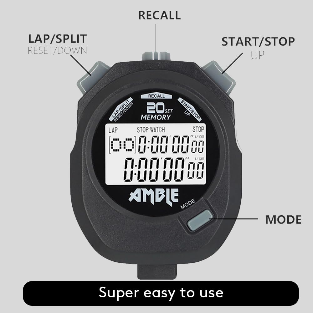 Stopwatch, Amble Countdown Timer And Stopwatch Record 20 Memories Lap Split Time With Tally Counter And Calendar Clock With Alar