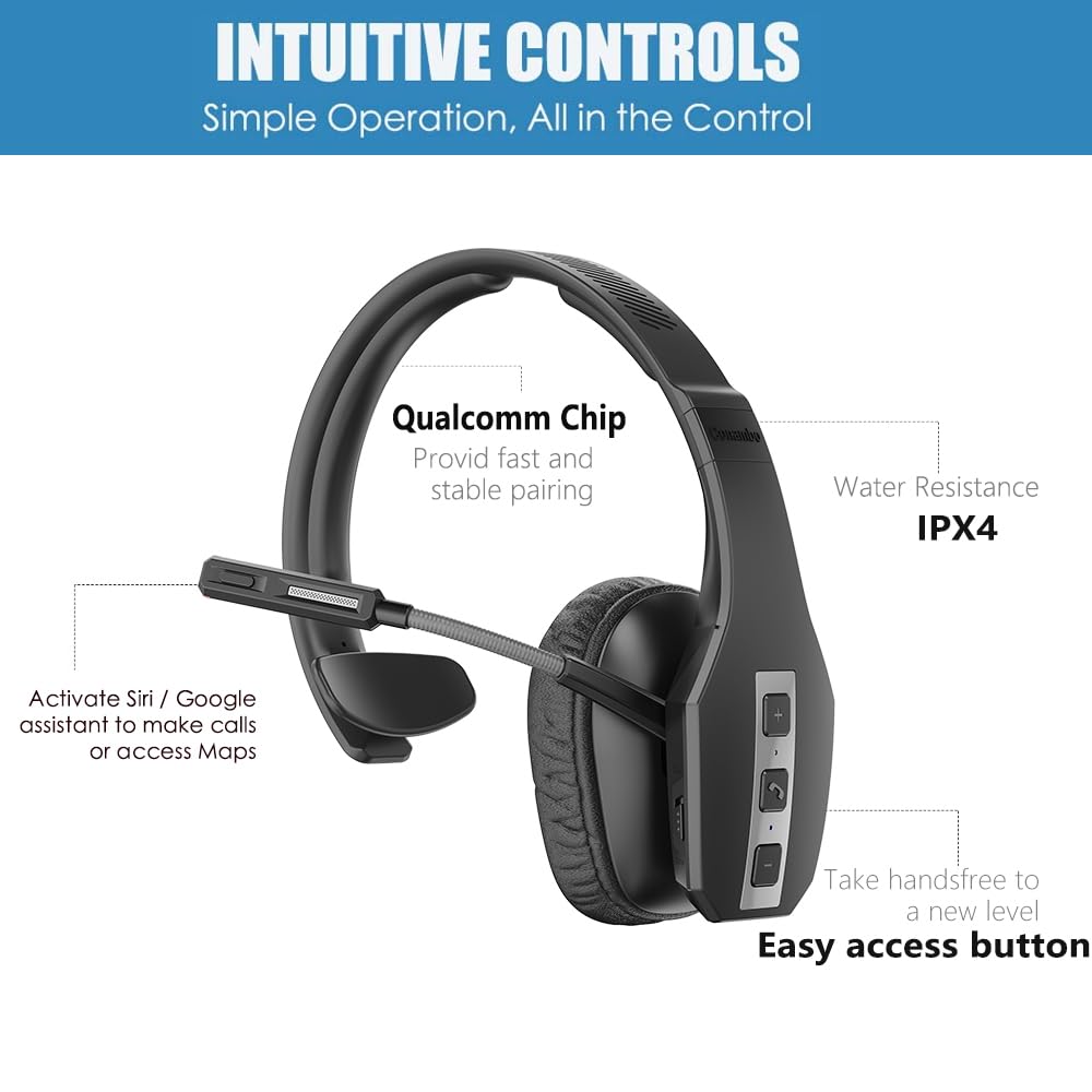 Conambo Bluetooth Headset, CVC 8.0 Noise Cancelling, 35Hrs Talktime, Wireless Handsfree, Large, Black, Mute Button for Drivers & Office