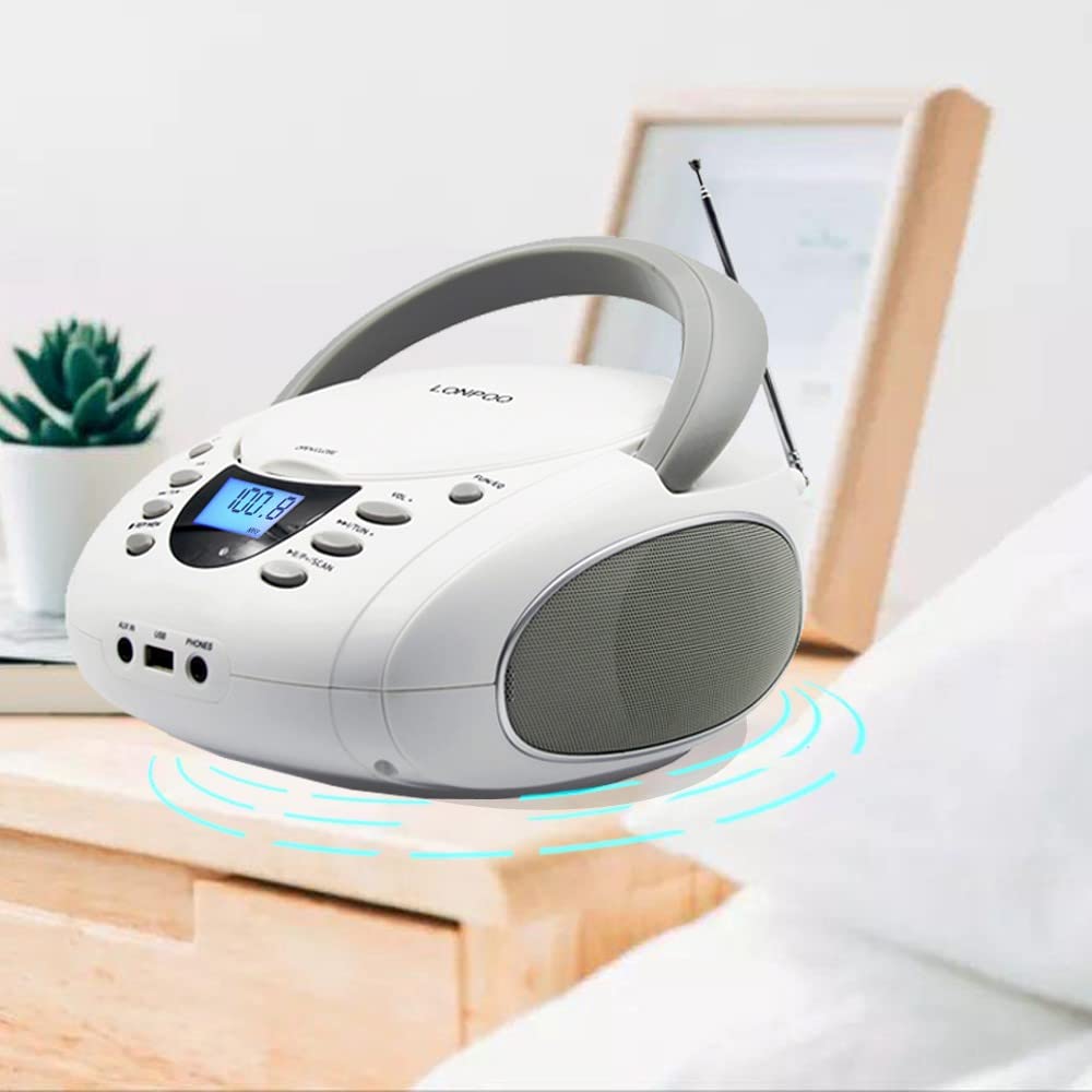 Lonpoo Cd Player Portable Boombox With Fm Radio/Usb/Bluetooth/Aux Input And Earphone Jack Output, Stereo Sound Speaker & Audio Player,White