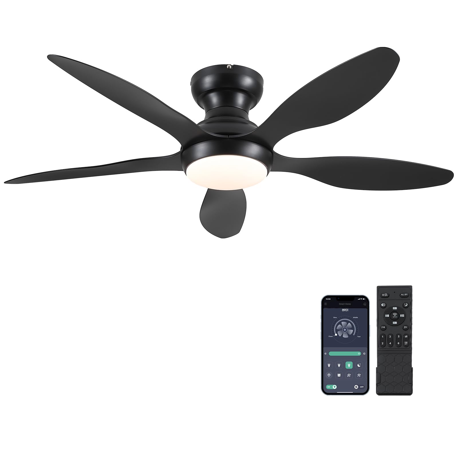 Ceiling Fans With Lights, 46 Inch Modern Black Low Profile Ceiling Fan With Light And Remote App Control, Flush Mount, Quiet Dc