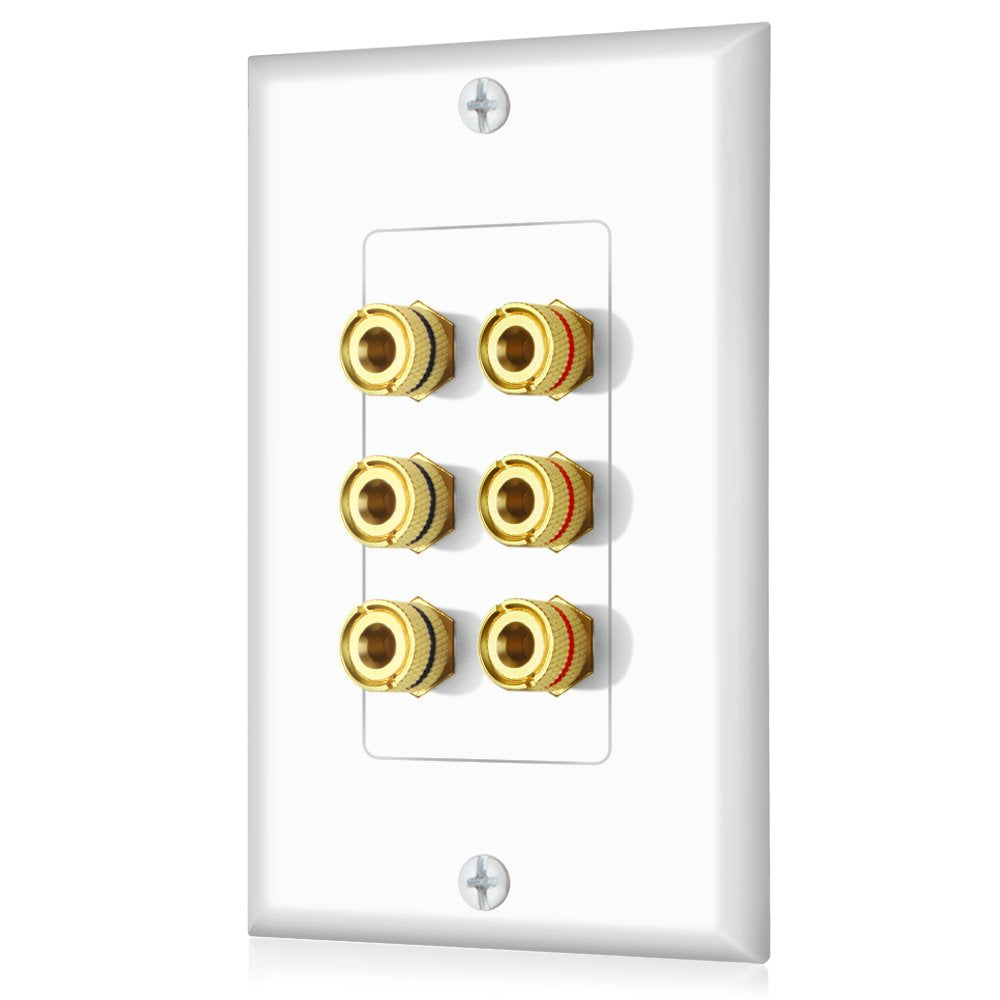 Banana Binding Post Two Piece Coupler Inset Wall Plate For 3 Speakers Standard Single Gang White