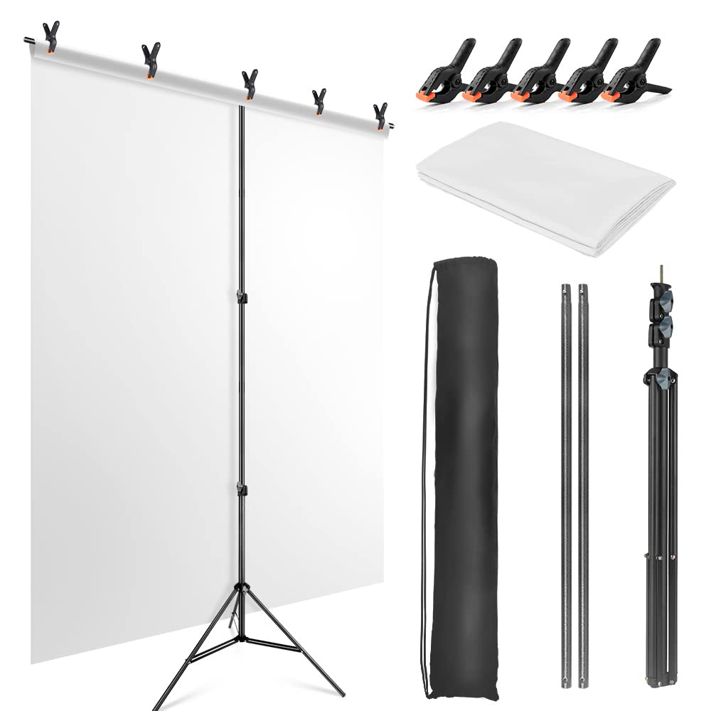 Jebutu 5X6.5Ft White Screen Backdrop With Stand Kit, White Screen With T Shape Background Support Stand, Portable White Screen S