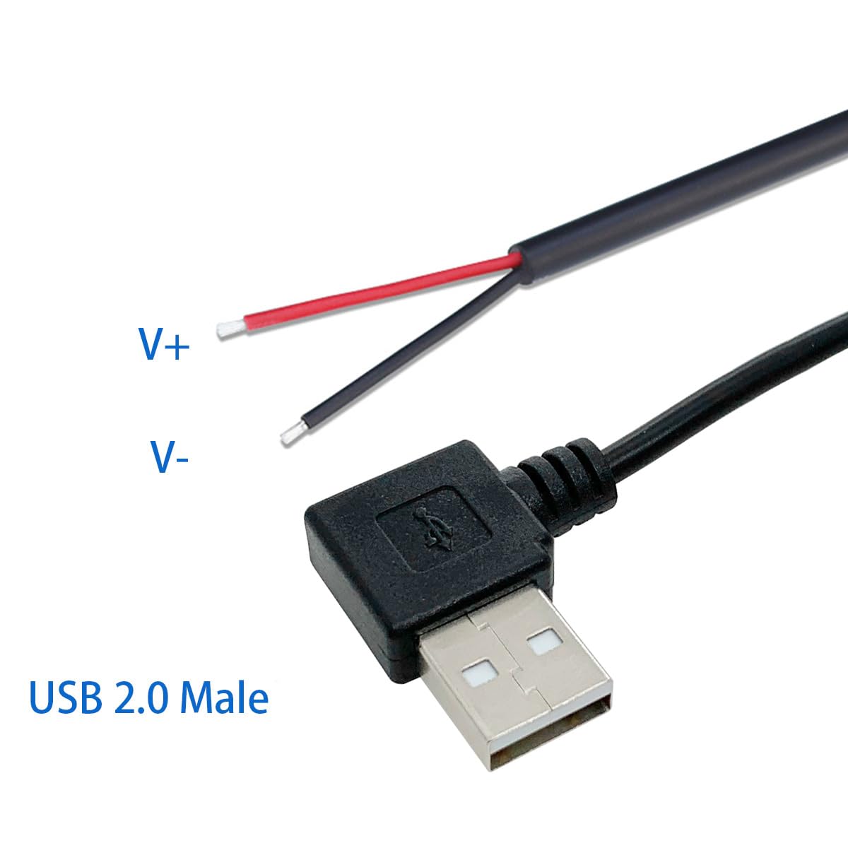 Jienk 2Pcs 3.2Ft 22Awg Right Angle Usb 2.0 Male 2Pin Pigtail Cable, 3A 5V 90 Degree Usb Type A 2 Core Bare Wire Open End Extensi