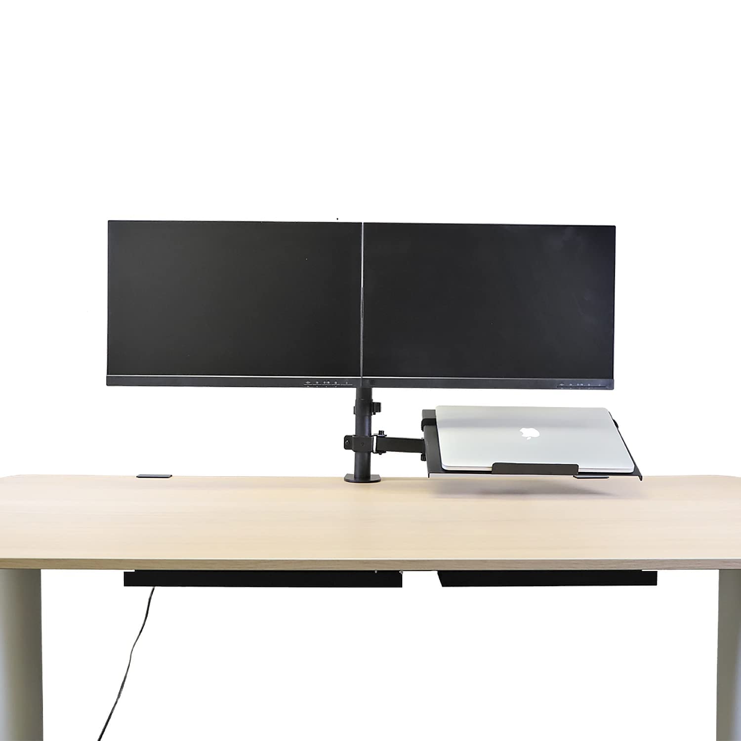 Aeons Dual Monitor And Laptop Desk Mount Combo Stand With Notebook Tray Fits 17 Inch, 3 In 1 Adjustable Triple Arm Mount Fits 27 Inch Lcd Screen With Vesa, Clamp And Cable Management, Black